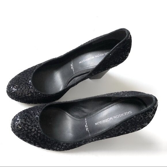 sigerson Morrison Black Pumps Shoes Genuine Suede & Sequins Block High Heels 9 - Picture 12 of 12